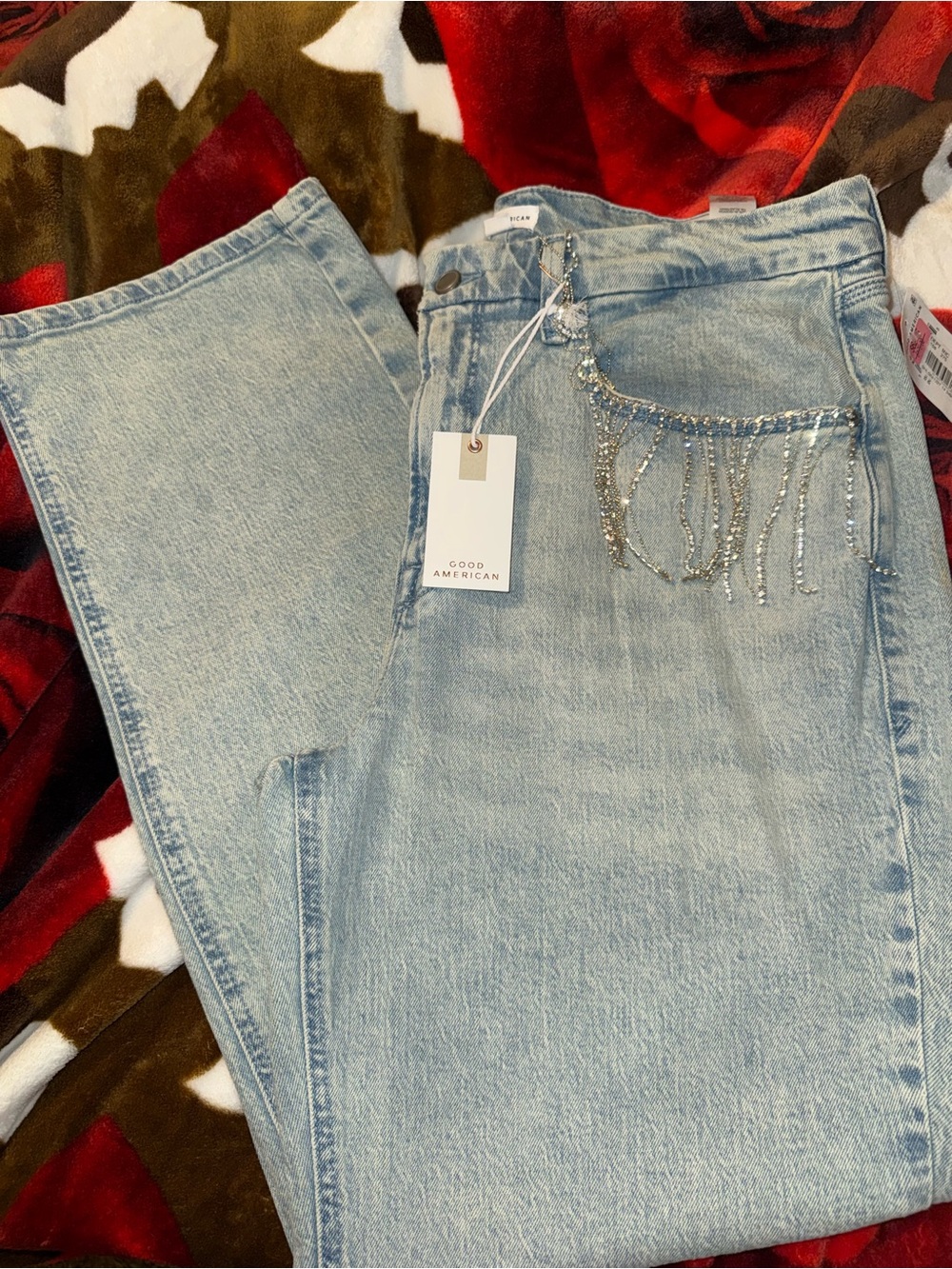 Good American Light Blue Straight-Leg Jeans with Rhinestone Fringe